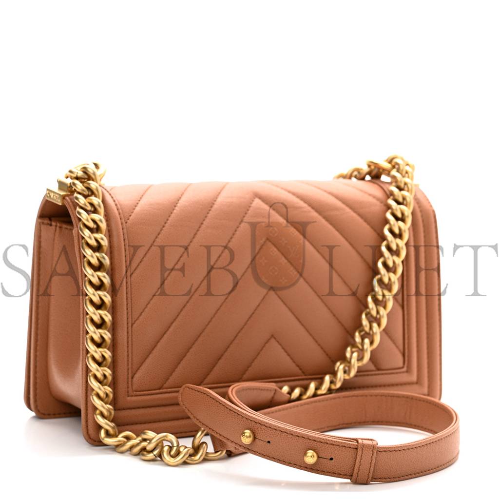 CHANEL CAVIAR CHEVRON QUILTED MEDIUM BOY FLAP BROWN GOLD HARDWARE (25*15*6cm) CHANEL CAVIAR CHEVRON QUILTED MEDIUM BOY FLAP BROWN GOLD HARDWARE (25*15*6cm)