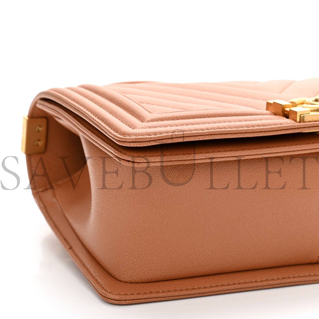 CHANEL CAVIAR CHEVRON QUILTED MEDIUM BOY FLAP BROWN GOLD HARDWARE (25*15*6cm) CHANEL CAVIAR CHEVRON QUILTED MEDIUM BOY FLAP BROWN GOLD HARDWARE (25*15*6cm)