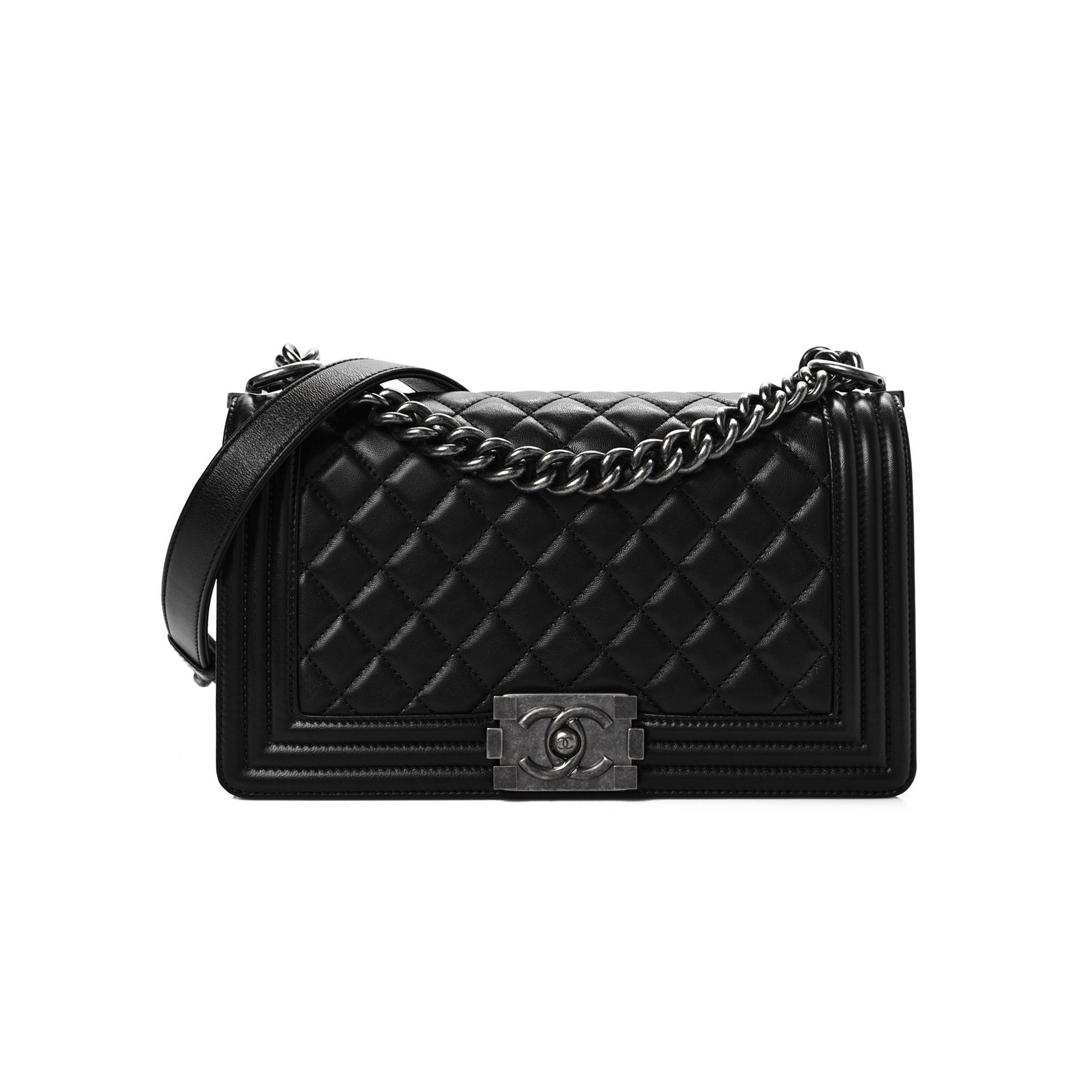 CHANEL CALFSKIN QUILTED MEDIUM BOY FLAP BLACK SILVER HARDWARE (25*14*9cm) CHANEL CALFSKIN QUILTED MEDIUM BOY FLAP BLACK SILVER HARDWARE (25*14*9cm)