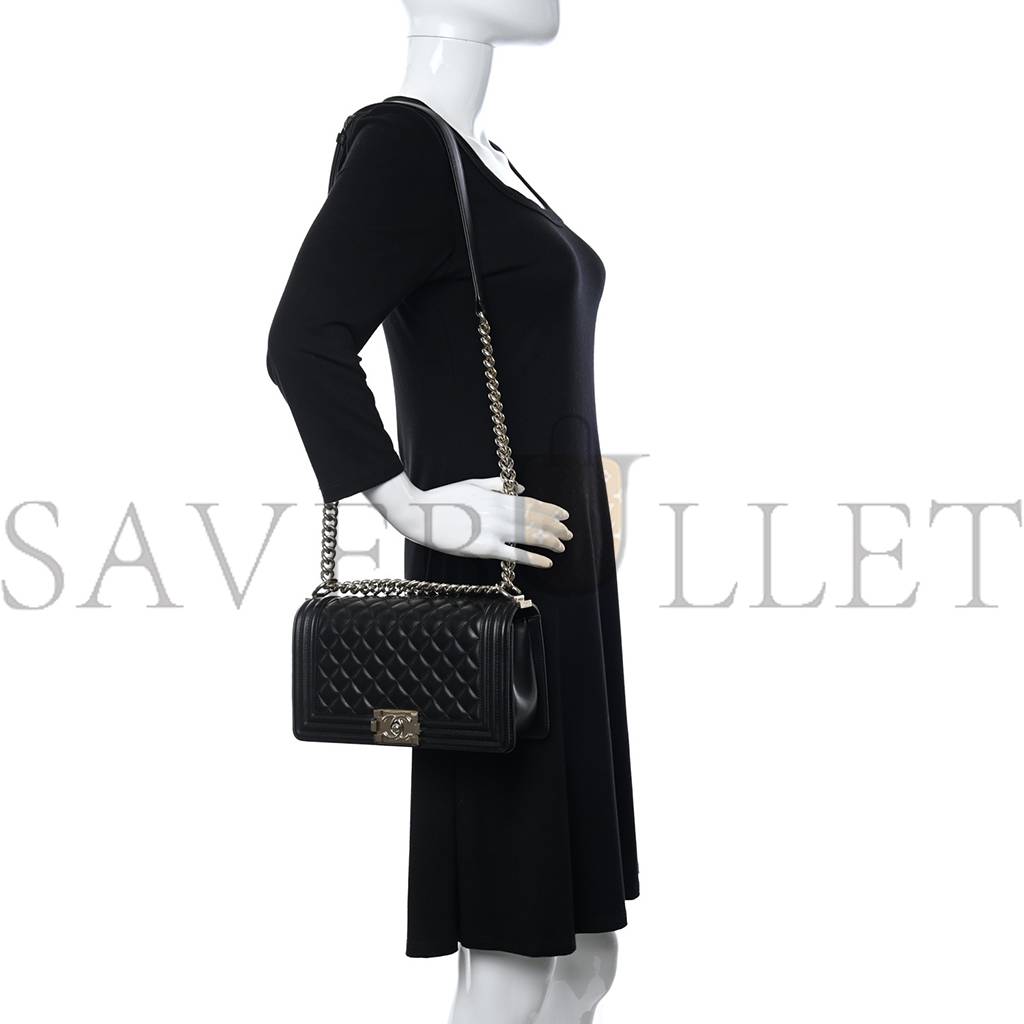 CHANEL CALFSKIN QUILTED MEDIUM BOY FLAP BLACK SILVER HARDWARE (25*14*9cm) CHANEL CALFSKIN QUILTED MEDIUM BOY FLAP BLACK SILVER HARDWARE (25*14*9cm)
