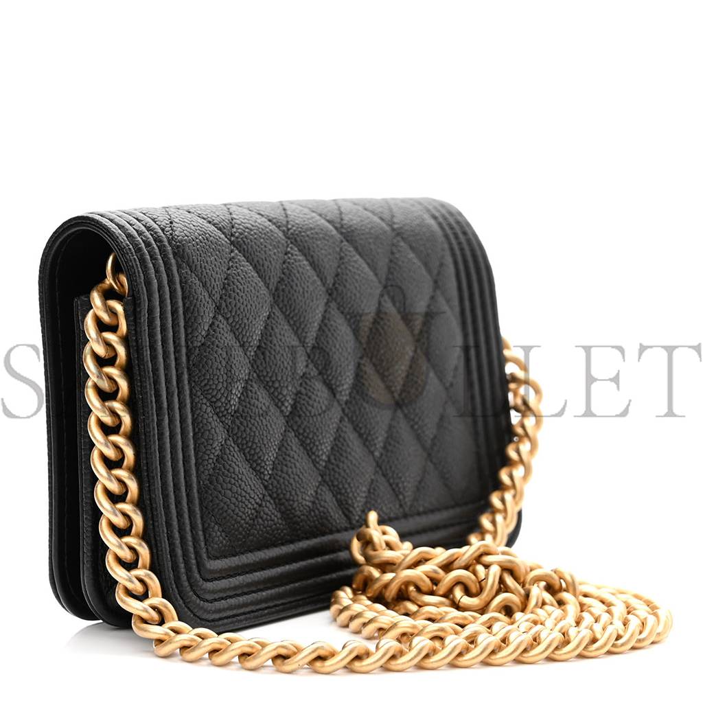 CHANEL CAVIAR QUILTED BOY WALLET ON CHAIN WOC BLACK GOLD HARDWARE (19*13*5cm) CHANEL CAVIAR QUILTED BOY WALLET ON CHAIN WOC BLACK GOLD HARDWARE (19*13*5cm)