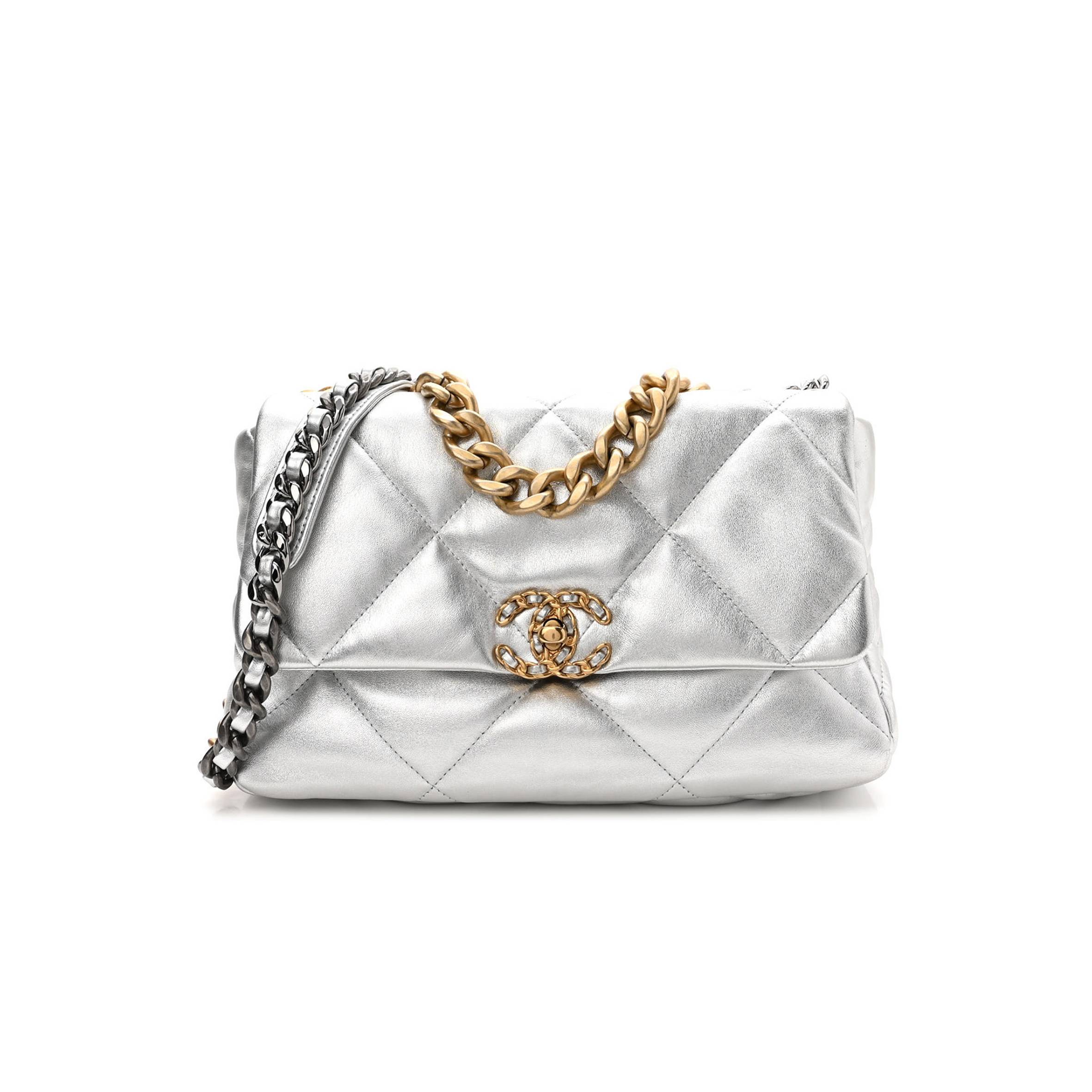 CHANEL METALLIC GOATSKIN QUILTED LARGE CHANEL 19 FLAP SILVER GOLD HARDWARE (30*21*9cm) CHANEL METALLIC GOATSKIN QUILTED LARGE CHANEL 19 FLAP SILVER GOLD HARDWARE (30*21*9cm)