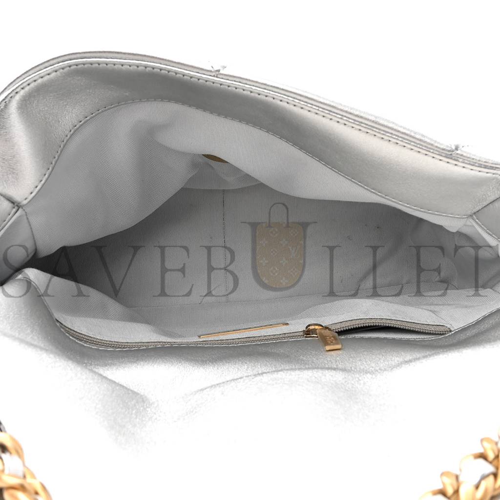 CHANEL METALLIC GOATSKIN QUILTED LARGE CHANEL 19 FLAP SILVER GOLD HARDWARE (30*21*9cm) CHANEL METALLIC GOATSKIN QUILTED LARGE CHANEL 19 FLAP SILVER GOLD HARDWARE (30*21*9cm)