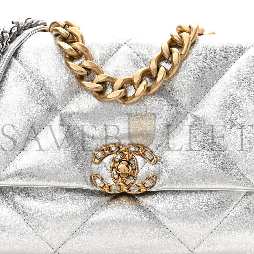 CHANEL METALLIC GOATSKIN QUILTED LARGE CHANEL 19 FLAP SILVER GOLD HARDWARE (30*21*9cm) CHANEL METALLIC GOATSKIN QUILTED LARGE CHANEL 19 FLAP SILVER GOLD HARDWARE (30*21*9cm)