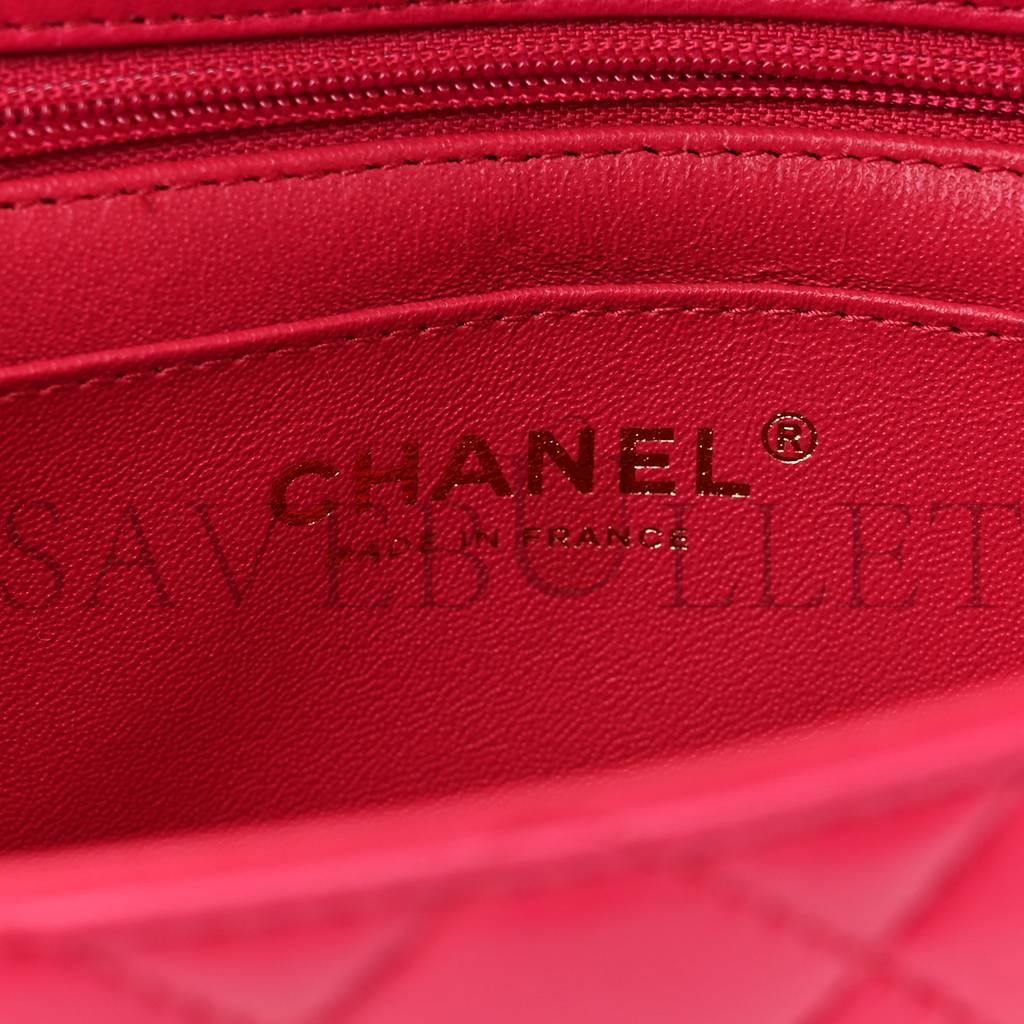 CHANEL LAMBSKIN QUILTED MINI TOP HANDLE RECTANGULAR FLAP DARK PINK ROSE GOLD HARDWARE (19*13*7cm)