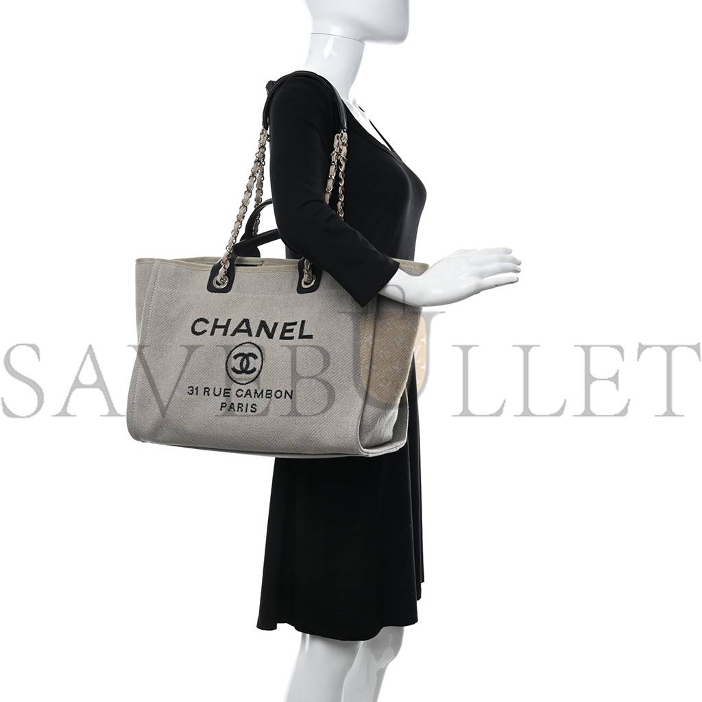 CHANEL MIXED FIBERS MEDIUM DEAUVILLE TOTE BEIGE BLACK (38*28*20cm) CHANEL MIXED FIBERS MEDIUM DEAUVILLE TOTE BEIGE BLACK (38*28*20cm)
