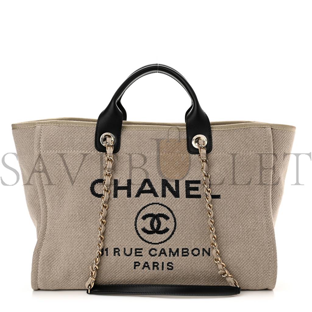 CHANEL MIXED FIBERS MEDIUM DEAUVILLE TOTE BEIGE BLACK (38*28*20cm) CHANEL MIXED FIBERS MEDIUM DEAUVILLE TOTE BEIGE BLACK (38*28*20cm)