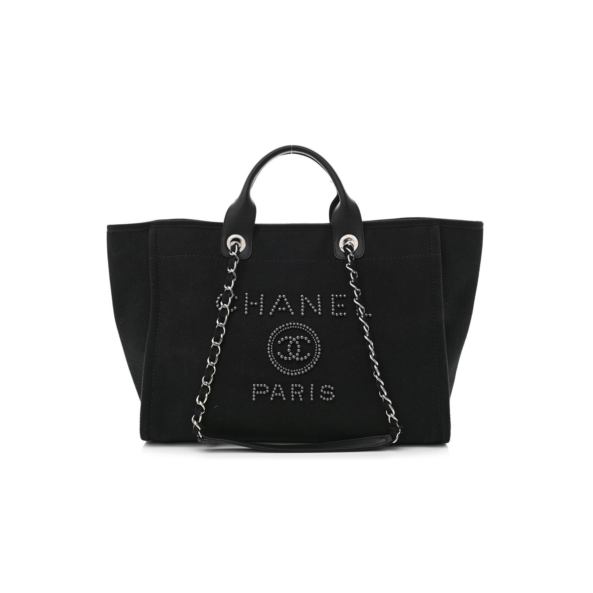 CHANEL CANVAS PEARL MEDIUM DEAUVILLE TOTE BLACK (38*29*18cm) CHANEL CANVAS PEARL MEDIUM DEAUVILLE TOTE BLACK (38*29*18cm)