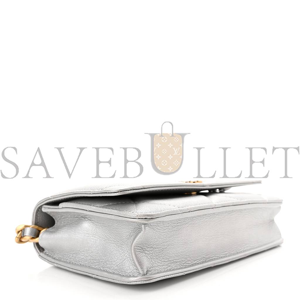 CHANEL METALLIC LAMBSKIN QUILTED CHANEL 19 WALLET ON CHAIN WOC SILVER (19*11*3cm) CHANEL METALLIC LAMBSKIN QUILTED CHANEL 19 WALLET ON CHAIN WOC SILVER (19*11*3cm)