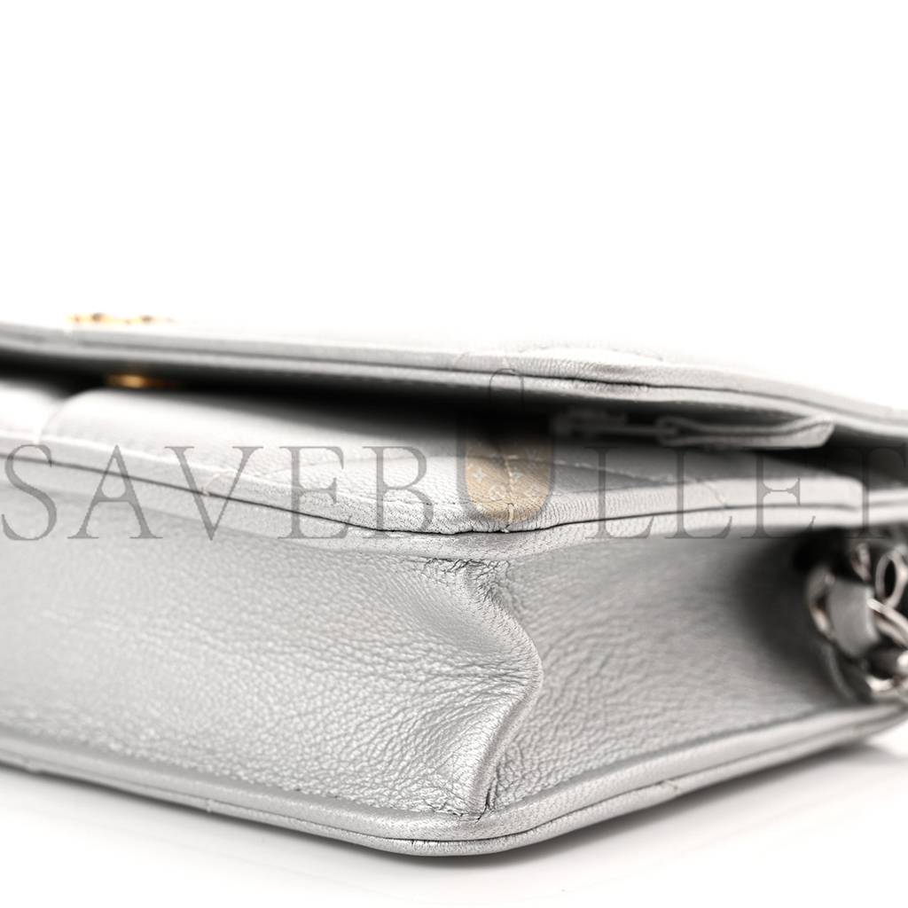 CHANEL METALLIC LAMBSKIN QUILTED CHANEL 19 WALLET ON CHAIN WOC SILVER (19*11*3cm) CHANEL METALLIC LAMBSKIN QUILTED CHANEL 19 WALLET ON CHAIN WOC SILVER (19*11*3cm)
