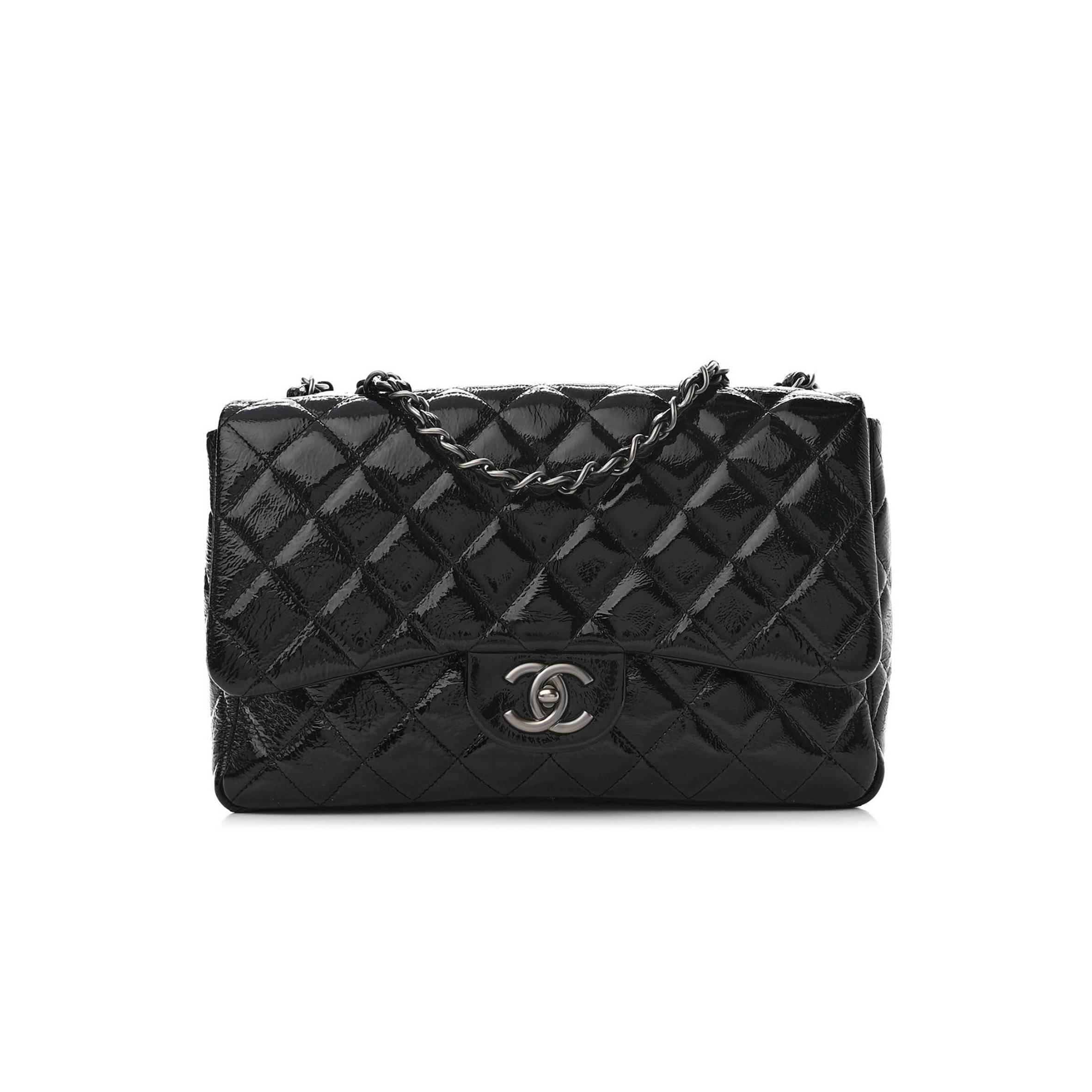 CHANEL CRINKLED PATENT QUILTED JUMBO SINGLE FLAP BLACK SILVER HARDWARE (30*18*8cm) CHANEL CRINKLED PATENT QUILTED JUMBO SINGLE FLAP BLACK SILVER HARDWARE (30*18*8cm)