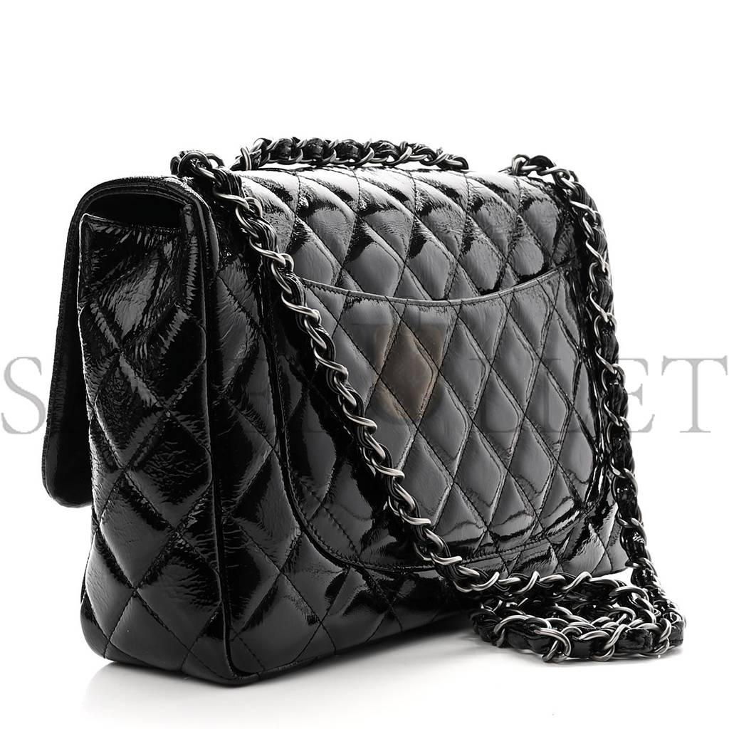 CHANEL CRINKLED PATENT QUILTED JUMBO SINGLE FLAP BLACK SILVER HARDWARE (30*18*8cm) CHANEL CRINKLED PATENT QUILTED JUMBO SINGLE FLAP BLACK SILVER HARDWARE (30*18*8cm)