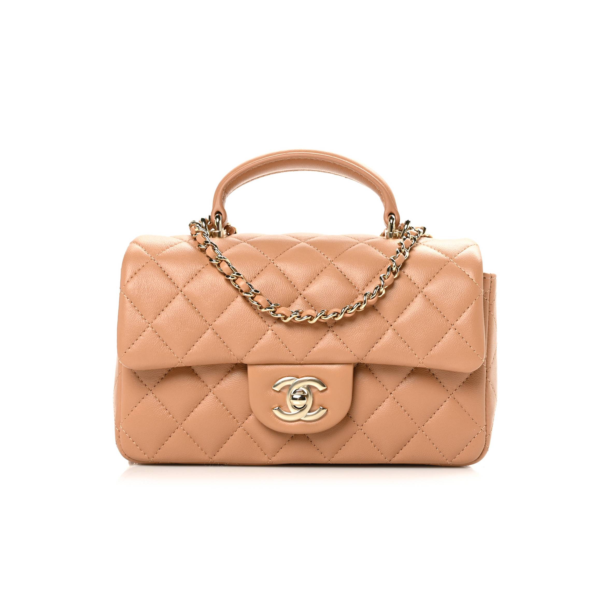 CHANEL LAMBSKIN QUILTED MINI TOP HANDLE RECTANGULAR FLAP BEIGE ROSE GOLD HARDWARE (19*13*6cm) CHANEL LAMBSKIN QUILTED MINI TOP HANDLE RECTANGULAR FLAP BEIGE ROSE GOLD HARDWARE (19*13*6cm)