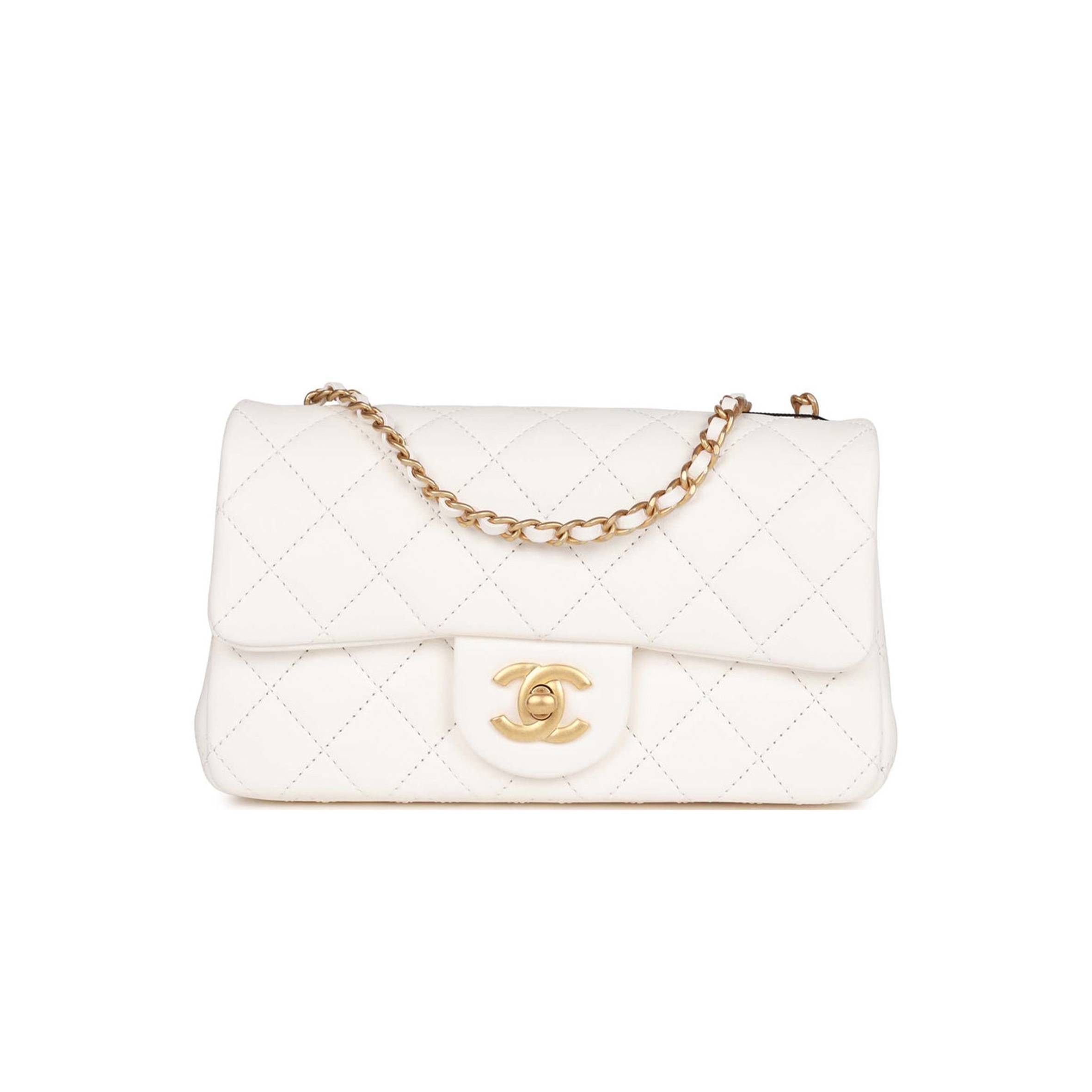 CHANEL PEARL CRUSH MINI RECTANGULAR FLAP BAG WHITE LAMBSKIN ANTIQUE GOLD HARDWARE (20*13*6cm) CHANEL PEARL CRUSH MINI RECTANGULAR FLAP BAG WHITE LAMBSKIN ANTIQUE GOLD HARDWARE (20*13*6cm)
