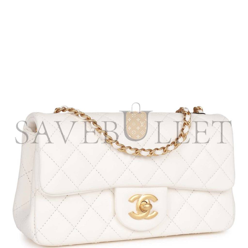 CHANEL PEARL CRUSH MINI RECTANGULAR FLAP BAG WHITE LAMBSKIN ANTIQUE GOLD HARDWARE (20*13*6cm) CHANEL PEARL CRUSH MINI RECTANGULAR FLAP BAG WHITE LAMBSKIN ANTIQUE GOLD HARDWARE (20*13*6cm)
