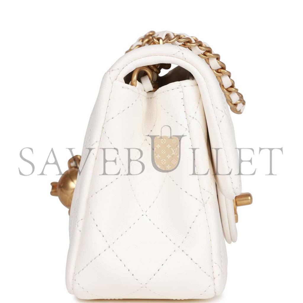 CHANEL PEARL CRUSH MINI RECTANGULAR FLAP BAG WHITE LAMBSKIN ANTIQUE GOLD HARDWARE (20*13*6cm) CHANEL PEARL CRUSH MINI RECTANGULAR FLAP BAG WHITE LAMBSKIN ANTIQUE GOLD HARDWARE (20*13*6cm)