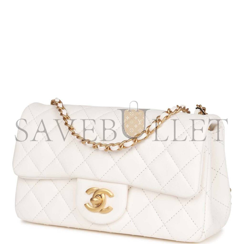 CHANEL PEARL CRUSH MINI RECTANGULAR FLAP BAG WHITE LAMBSKIN ANTIQUE GOLD HARDWARE (20*13*6cm) CHANEL PEARL CRUSH MINI RECTANGULAR FLAP BAG WHITE LAMBSKIN ANTIQUE GOLD HARDWARE (20*13*6cm)