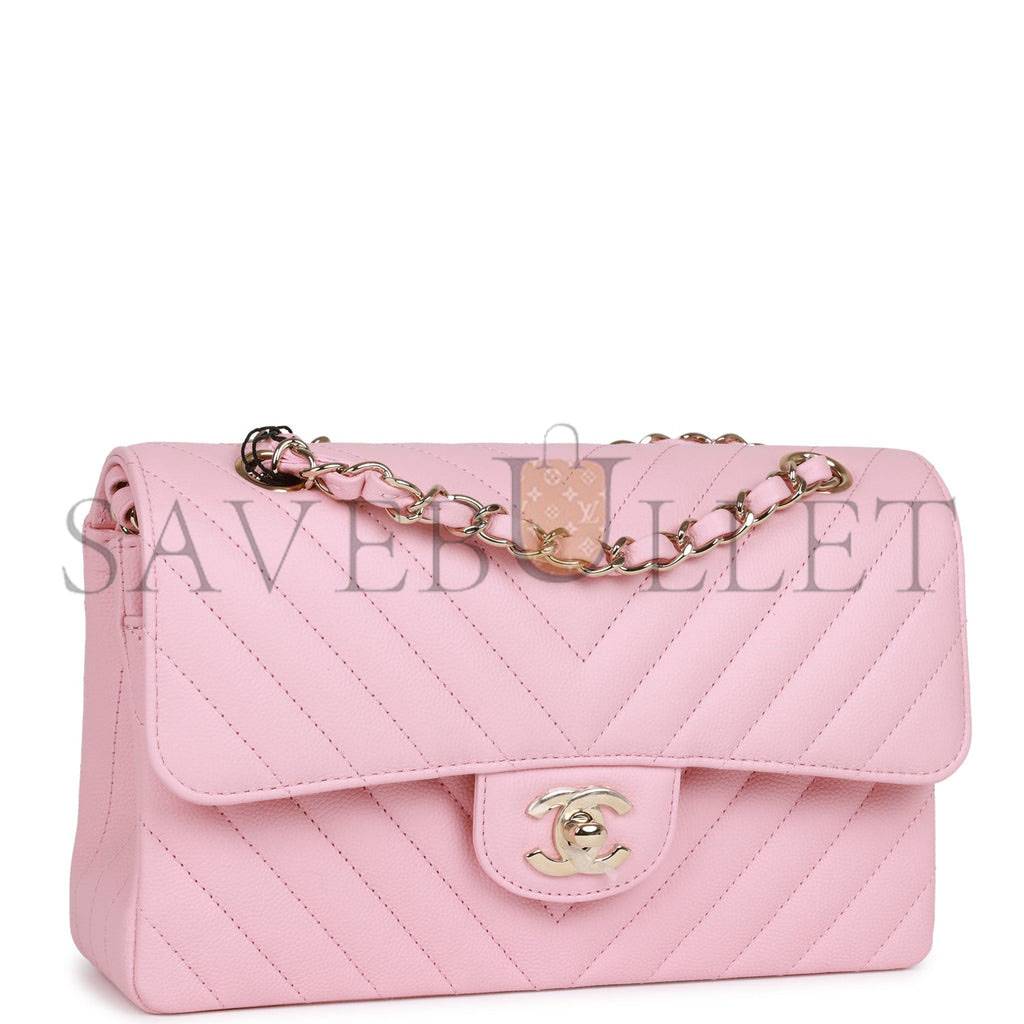 CHANEL SMALL CHEVRON CLASSIC DOUBLE FLAP PINK CALFSKIN LIGHT GOLD HARDWARE (23*13*6cm) CHANEL SMALL CHEVRON CLASSIC DOUBLE FLAP PINK CALFSKIN LIGHT GOLD HARDWARE (23*13*6cm)