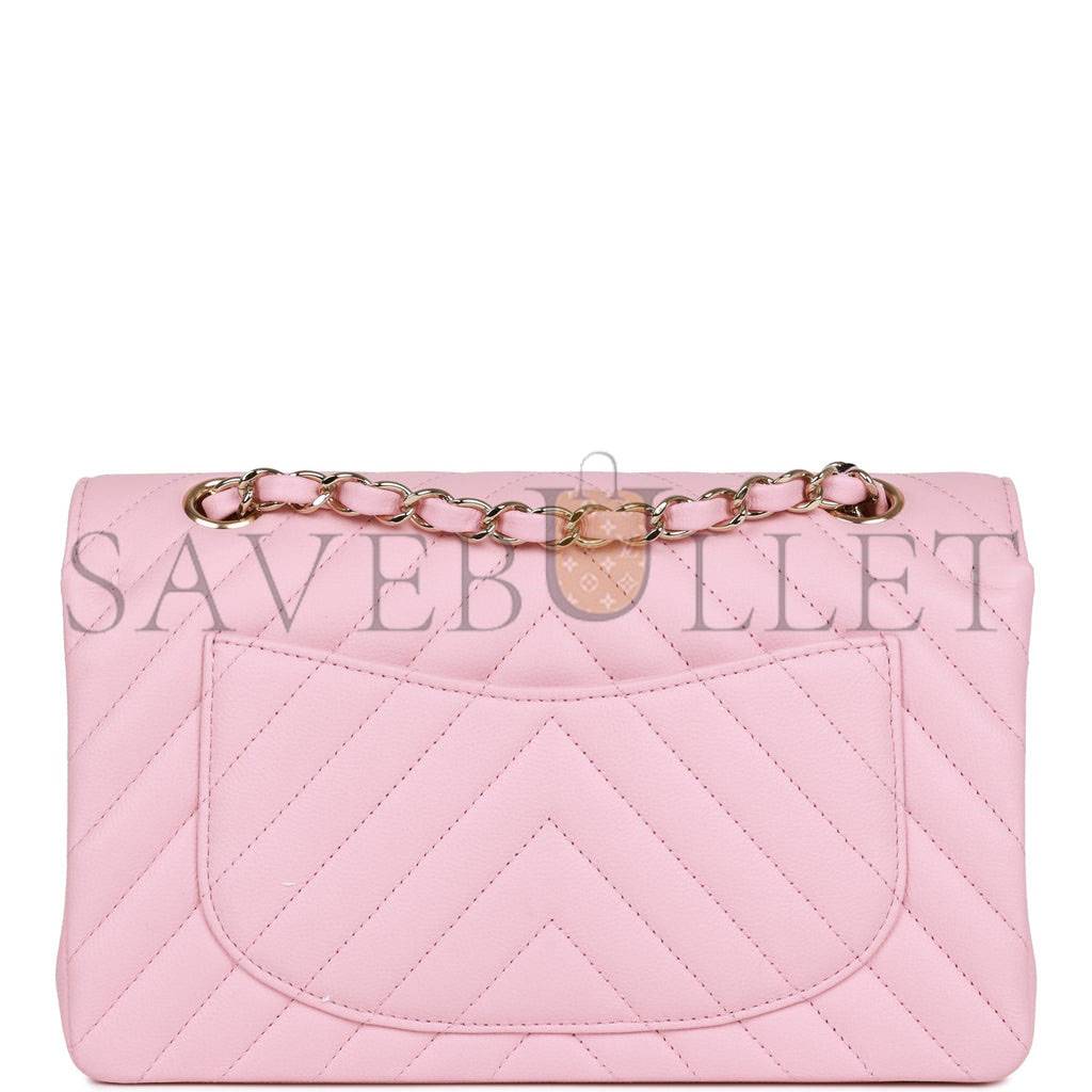 CHANEL SMALL CHEVRON CLASSIC DOUBLE FLAP PINK CALFSKIN LIGHT GOLD HARDWARE (23*13*6cm) CHANEL SMALL CHEVRON CLASSIC DOUBLE FLAP PINK CALFSKIN LIGHT GOLD HARDWARE (23*13*6cm)