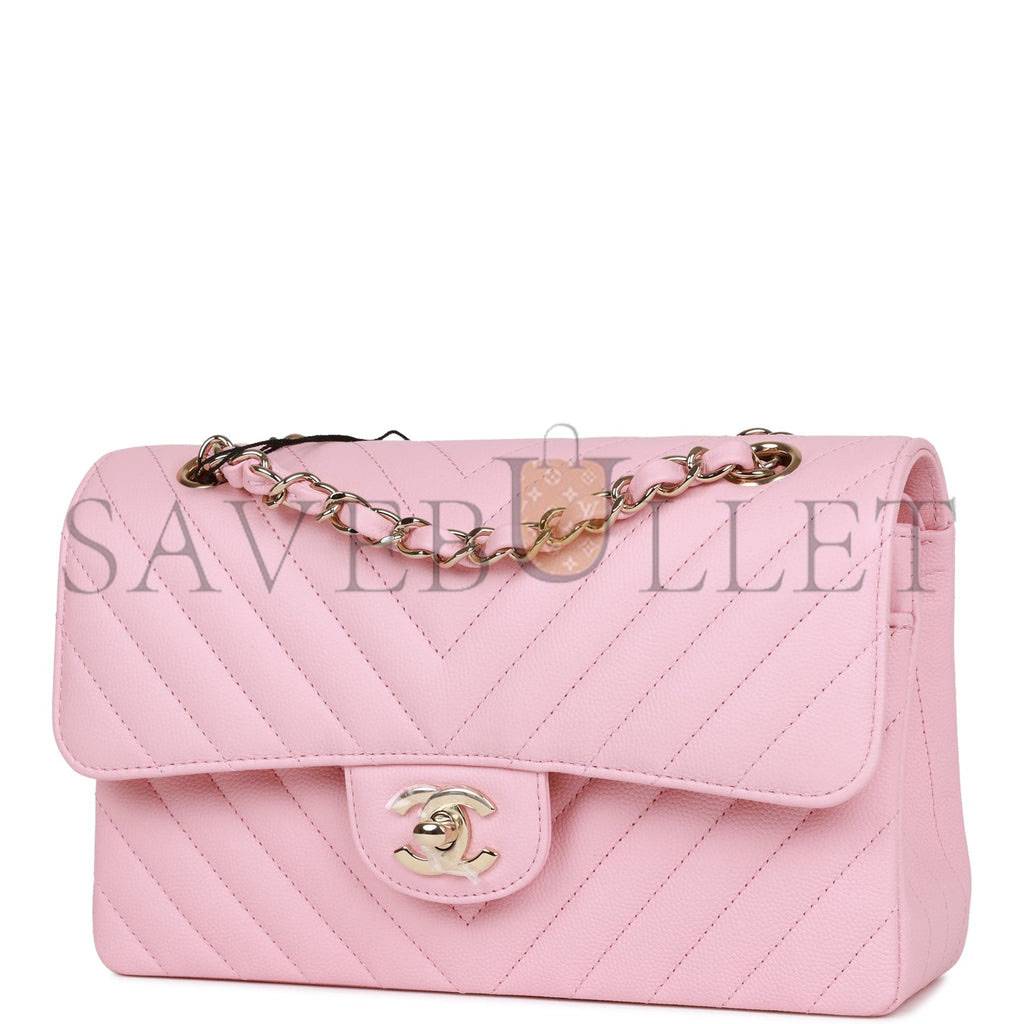 CHANEL SMALL CHEVRON CLASSIC DOUBLE FLAP PINK CALFSKIN LIGHT GOLD HARDWARE (23*13*6cm) CHANEL SMALL CHEVRON CLASSIC DOUBLE FLAP PINK CALFSKIN LIGHT GOLD HARDWARE (23*13*6cm)