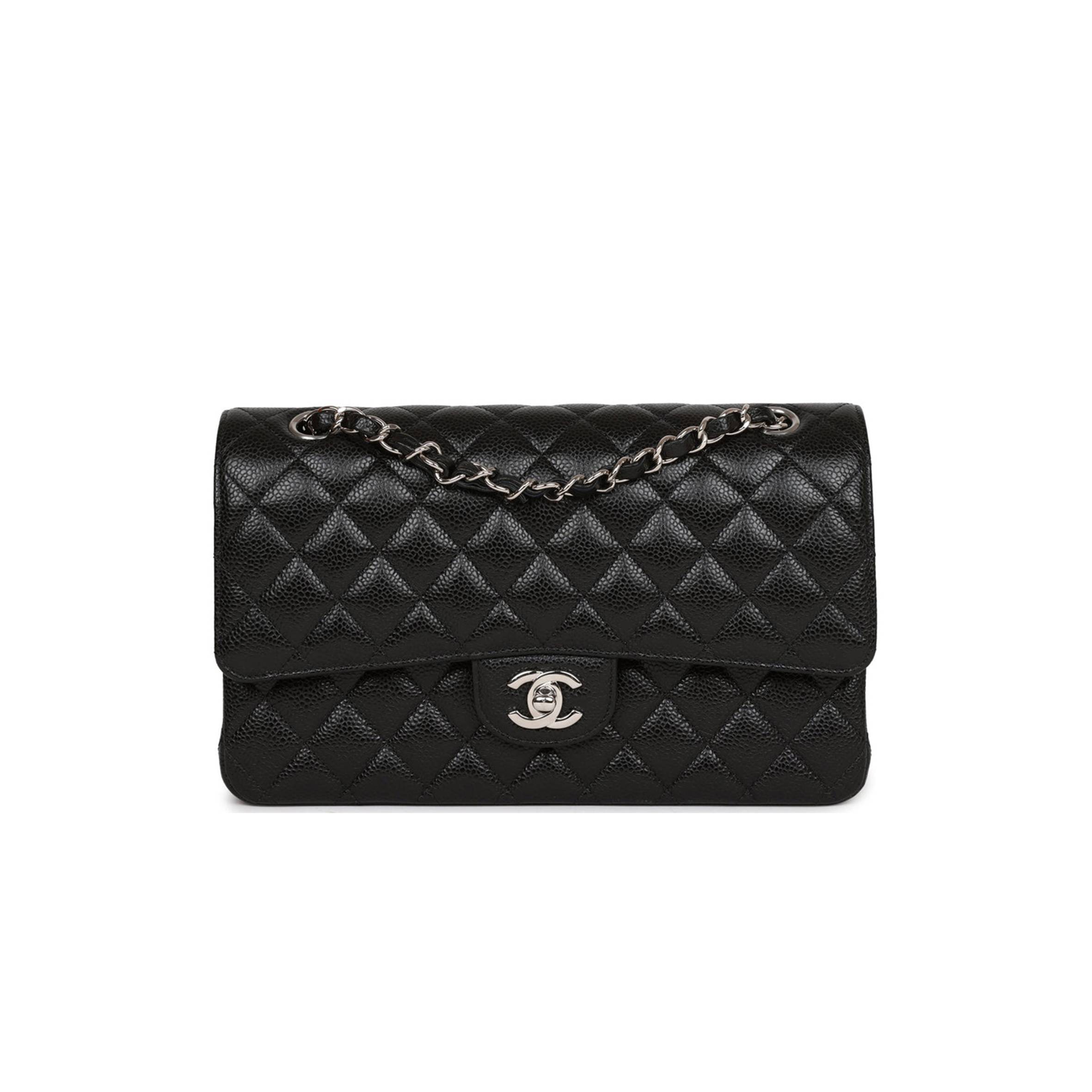 CHANEL MEDIUM CLASSIC DOUBLE FLAP BAG BLACK QUILTED CAVIAR SILVER HARDWARE (25*15*7cm) CHANEL MEDIUM CLASSIC DOUBLE FLAP BAG BLACK QUILTED CAVIAR SILVER HARDWARE (25*15*7cm)