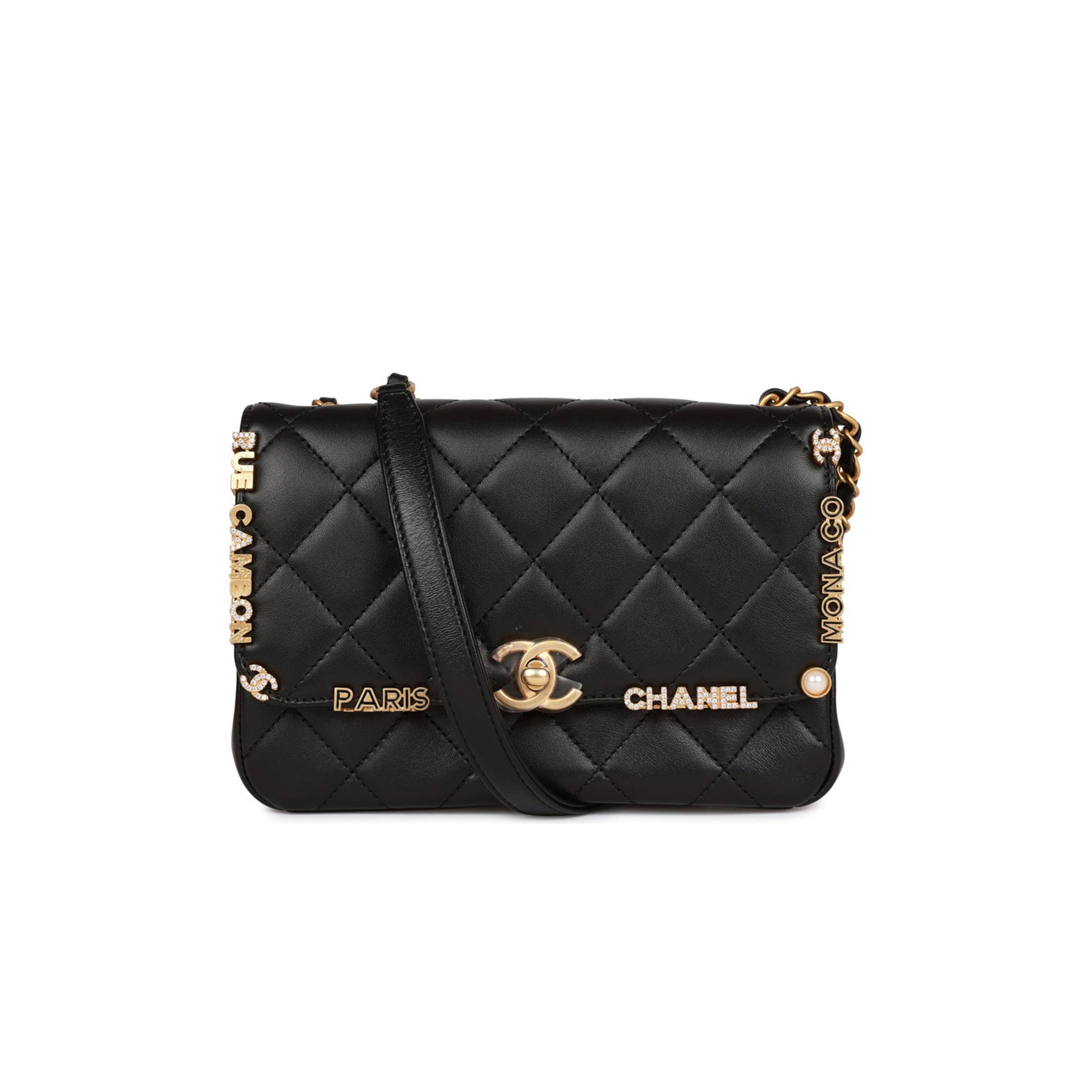 CHANEL MONACO MINI FLAP BAG BLACK LAMBSKIN ANTIQUE GOLD HARDWARE (19*13*8cm) CHANEL MONACO MINI FLAP BAG BLACK LAMBSKIN ANTIQUE GOLD HARDWARE (19*13*8cm)