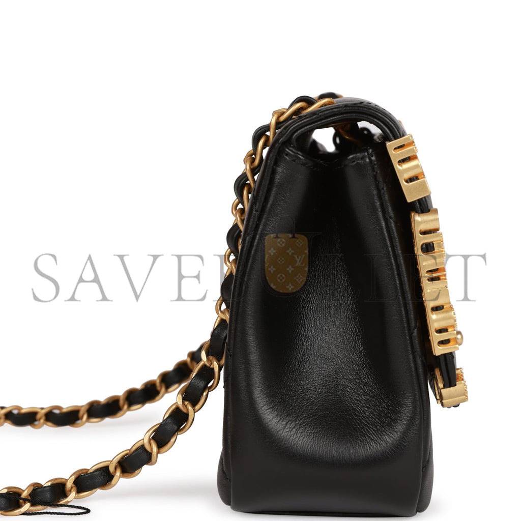 CHANEL MONACO MINI FLAP BAG BLACK LAMBSKIN ANTIQUE GOLD HARDWARE (19*13*8cm) CHANEL MONACO MINI FLAP BAG BLACK LAMBSKIN ANTIQUE GOLD HARDWARE (19*13*8cm)
