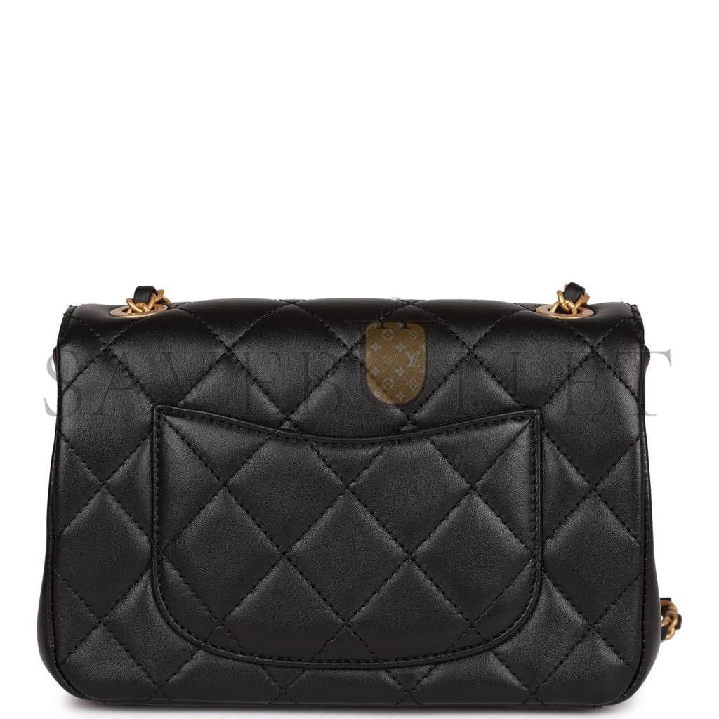CHANEL MONACO MINI FLAP BAG BLACK LAMBSKIN ANTIQUE GOLD HARDWARE (19*13*8cm) CHANEL MONACO MINI FLAP BAG BLACK LAMBSKIN ANTIQUE GOLD HARDWARE (19*13*8cm)