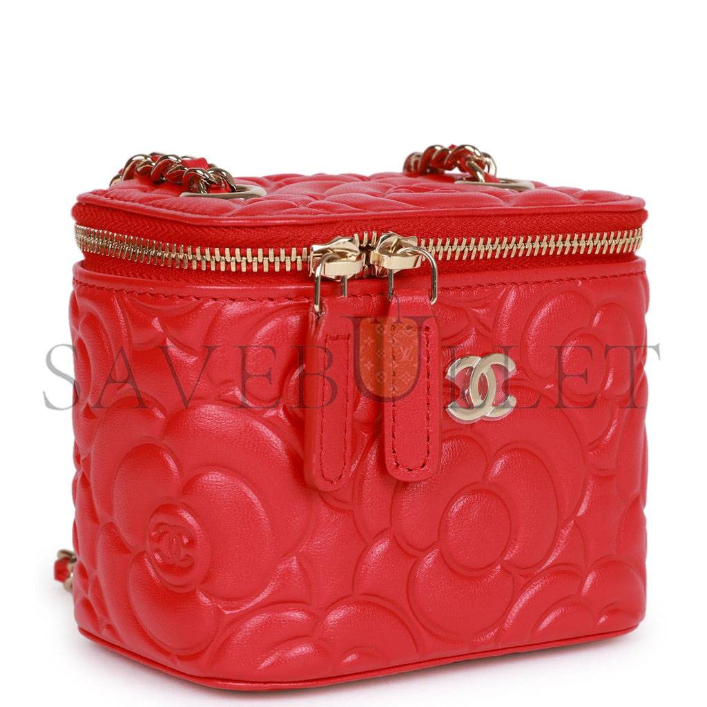 CHANEL CAMELLIA MINI VANITY CASE RED LAMBSKIN LIGHT GOLD HARDWARE (11*9*8cm) CHANEL CAMELLIA MINI VANITY CASE RED LAMBSKIN LIGHT GOLD HARDWARE (11*9*8cm)