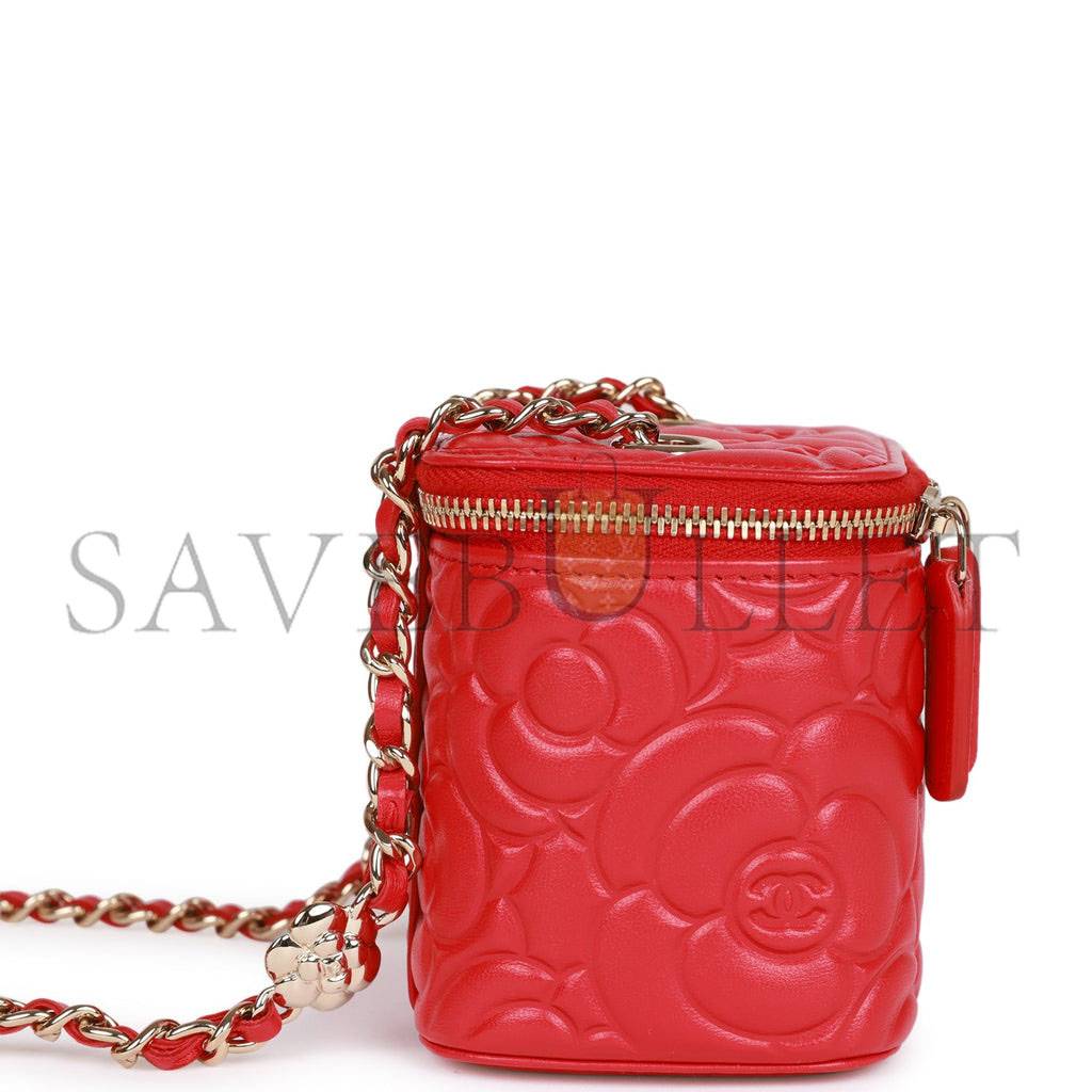 CHANEL CAMELLIA MINI VANITY CASE RED LAMBSKIN LIGHT GOLD HARDWARE (11*9*8cm) CHANEL CAMELLIA MINI VANITY CASE RED LAMBSKIN LIGHT GOLD HARDWARE (11*9*8cm)