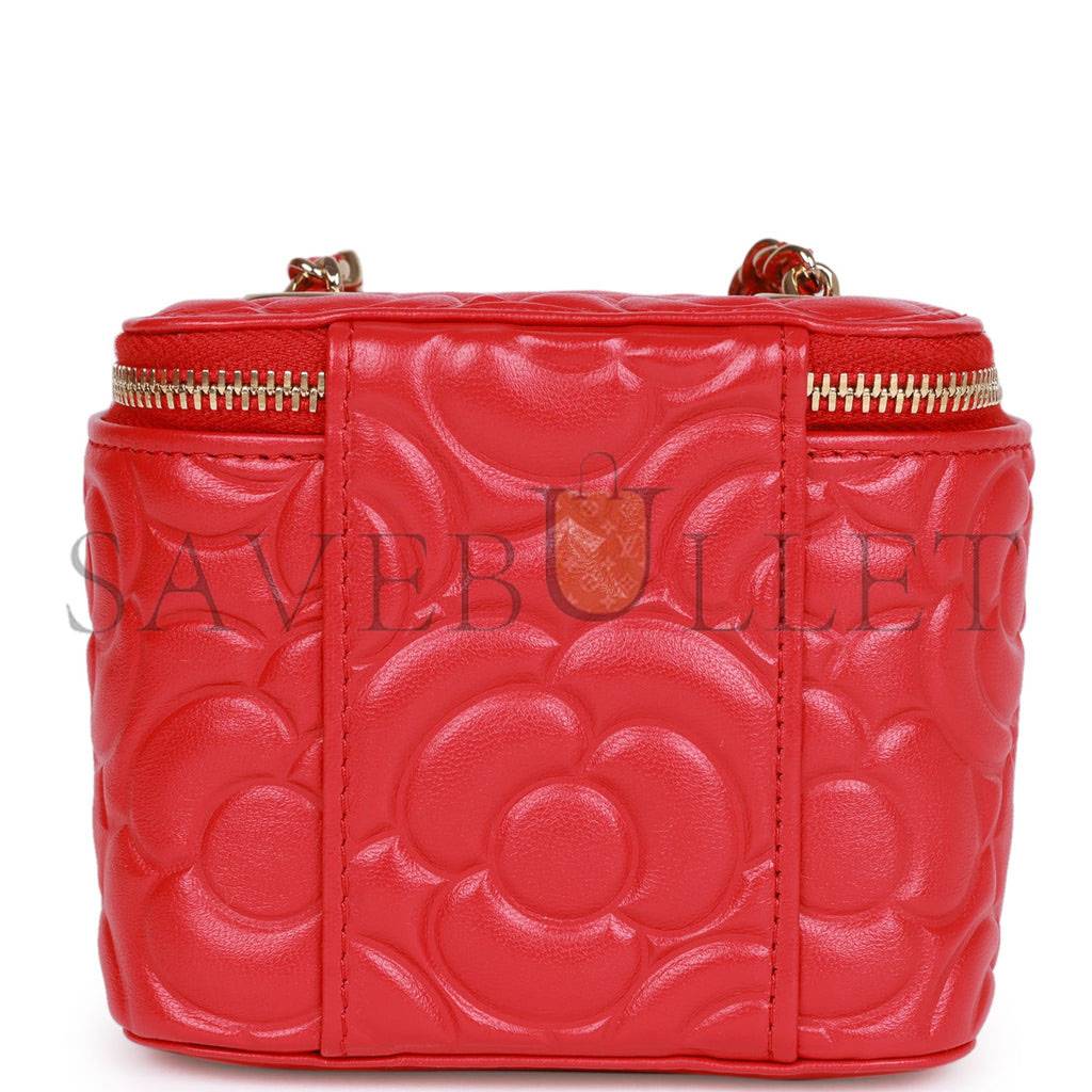 CHANEL CAMELLIA MINI VANITY CASE RED LAMBSKIN LIGHT GOLD HARDWARE (11*9*8cm) CHANEL CAMELLIA MINI VANITY CASE RED LAMBSKIN LIGHT GOLD HARDWARE (11*9*8cm)