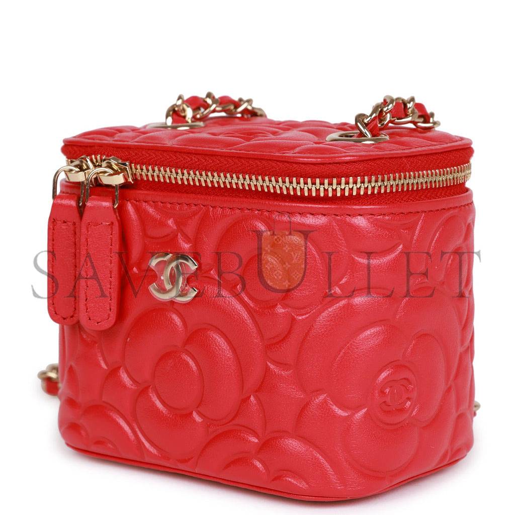 CHANEL CAMELLIA MINI VANITY CASE RED LAMBSKIN LIGHT GOLD HARDWARE (11*9*8cm) CHANEL CAMELLIA MINI VANITY CASE RED LAMBSKIN LIGHT GOLD HARDWARE (11*9*8cm)