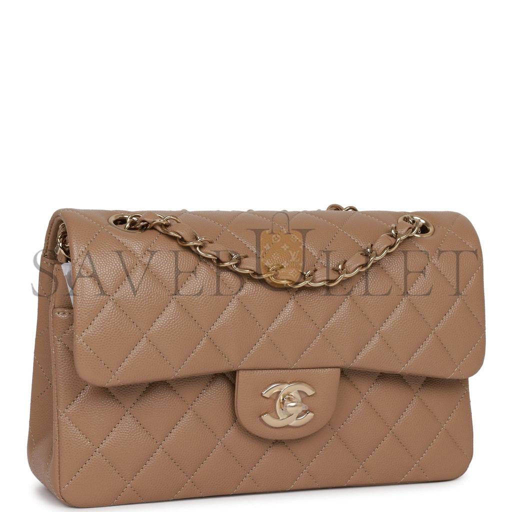 CHANEL SMALL CLASSIC DOUBLE FLAP DARK BEIGE CAVIAR LIGHT GOLD HARDWARE (23*13*6cm) CHANEL SMALL CLASSIC DOUBLE FLAP DARK BEIGE CAVIAR LIGHT GOLD HARDWARE (23*13*6cm)