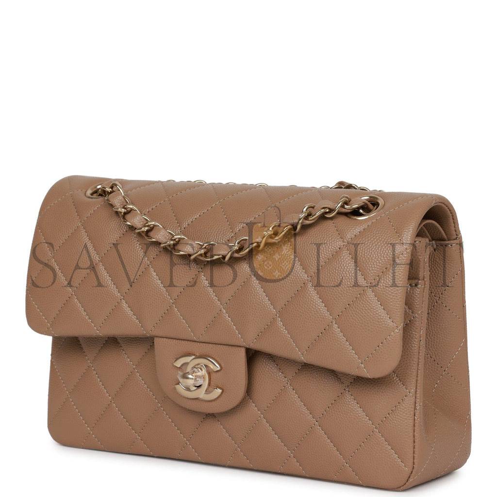 CHANEL SMALL CLASSIC DOUBLE FLAP DARK BEIGE CAVIAR LIGHT GOLD HARDWARE (23*13*6cm) CHANEL SMALL CLASSIC DOUBLE FLAP DARK BEIGE CAVIAR LIGHT GOLD HARDWARE (23*13*6cm)