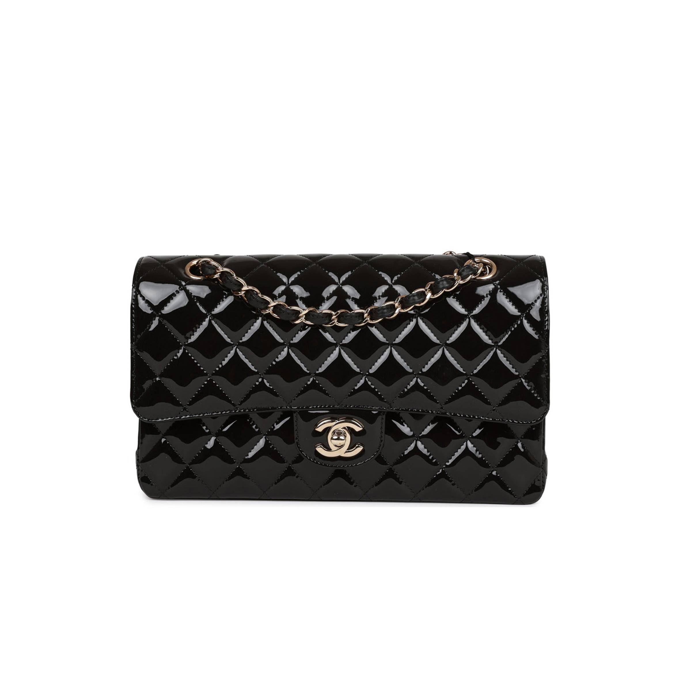 CHANEL MEDIUM CLASSIC DOUBLE FLAP BAG BLACK PATENT LIGHT GOLD HARDWARE (25*15*7cm) CHANEL MEDIUM CLASSIC DOUBLE FLAP BAG BLACK PATENT LIGHT GOLD HARDWARE (25*15*7cm)