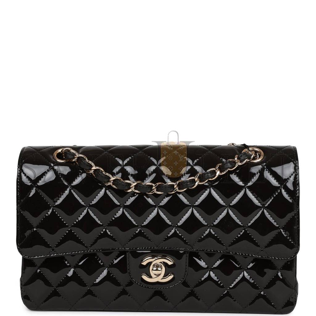 CHANEL MEDIUM CLASSIC DOUBLE FLAP BAG BLACK PATENT LIGHT GOLD HARDWARE (25*15*7cm) CHANEL MEDIUM CLASSIC DOUBLE FLAP BAG BLACK PATENT LIGHT GOLD HARDWARE (25*15*7cm)