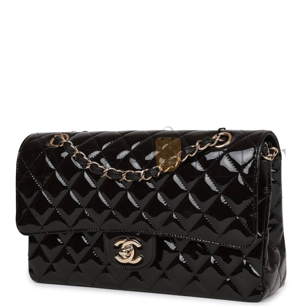 CHANEL MEDIUM CLASSIC DOUBLE FLAP BAG BLACK PATENT LIGHT GOLD HARDWARE (25*15*7cm) CHANEL MEDIUM CLASSIC DOUBLE FLAP BAG BLACK PATENT LIGHT GOLD HARDWARE (25*15*7cm)