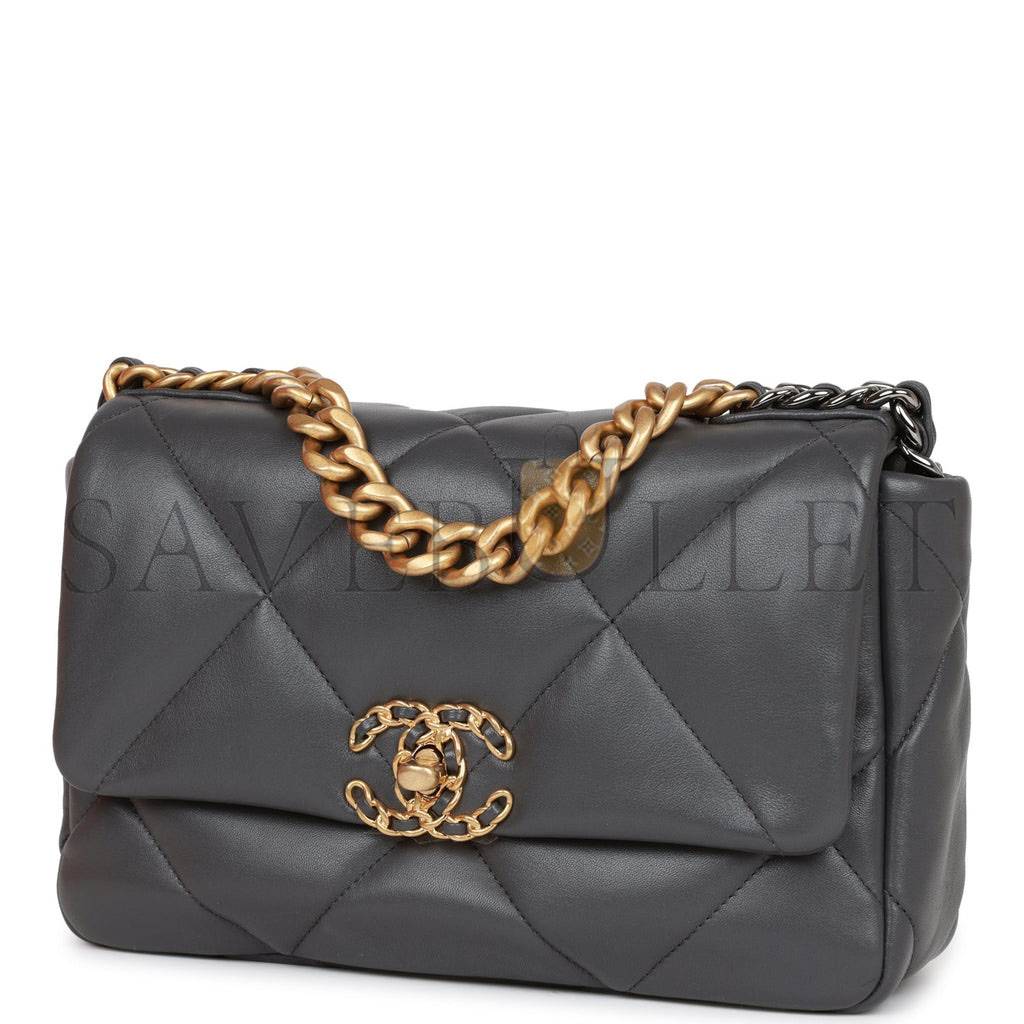 CHANEL MEDIUM 19 FLAP BAG GREY CALFSKIN MIXED HARDWARE (25*16*9cm) CHANEL MEDIUM 19 FLAP BAG GREY CALFSKIN MIXED HARDWARE (25*16*9cm)