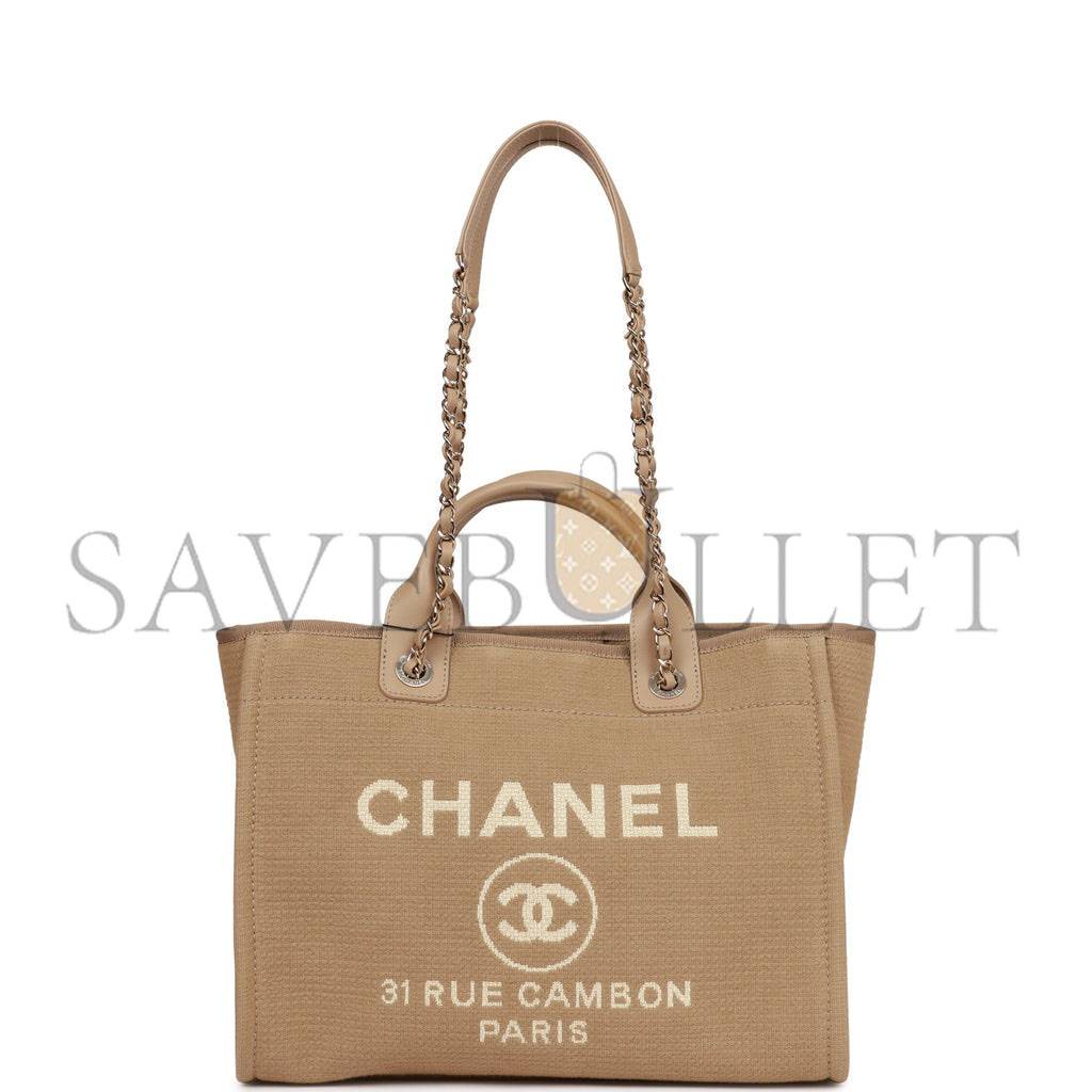 CHANEL SMALL DEAUVILLE SHOPPING BAG BEIGE BOUCLE LIGHT GOLD HARDWARE (34*27*15cm) CHANEL SMALL DEAUVILLE SHOPPING BAG BEIGE BOUCLE LIGHT GOLD HARDWARE (34*27*15cm)