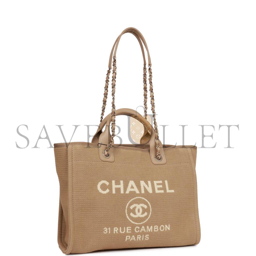CHANEL SMALL DEAUVILLE SHOPPING BAG BEIGE BOUCLE LIGHT GOLD HARDWARE (34*27*15cm) CHANEL SMALL DEAUVILLE SHOPPING BAG BEIGE BOUCLE LIGHT GOLD HARDWARE (34*27*15cm)