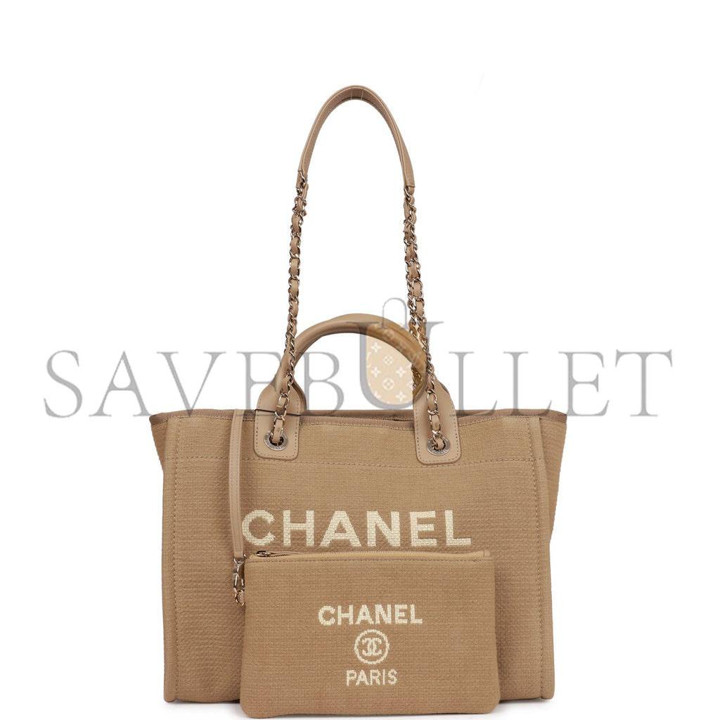 CHANEL SMALL DEAUVILLE SHOPPING BAG BEIGE BOUCLE LIGHT GOLD HARDWARE (34*27*15cm) CHANEL SMALL DEAUVILLE SHOPPING BAG BEIGE BOUCLE LIGHT GOLD HARDWARE (34*27*15cm)