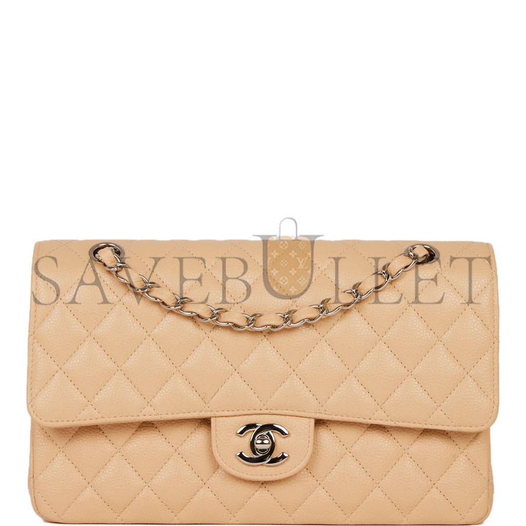 CHANEL MEDIUM CLASSIC DOUBLE FLAP BAG BEIGE CAVIAR SILVER HARDWARE (25*15*7cm) CHANEL MEDIUM CLASSIC DOUBLE FLAP BAG BEIGE CAVIAR SILVER HARDWARE (25*15*7cm)