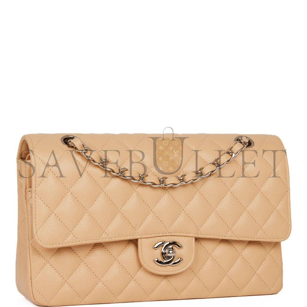 CHANEL MEDIUM CLASSIC DOUBLE FLAP BAG BEIGE CAVIAR SILVER HARDWARE (25*15*7cm) CHANEL MEDIUM CLASSIC DOUBLE FLAP BAG BEIGE CAVIAR SILVER HARDWARE (25*15*7cm)
