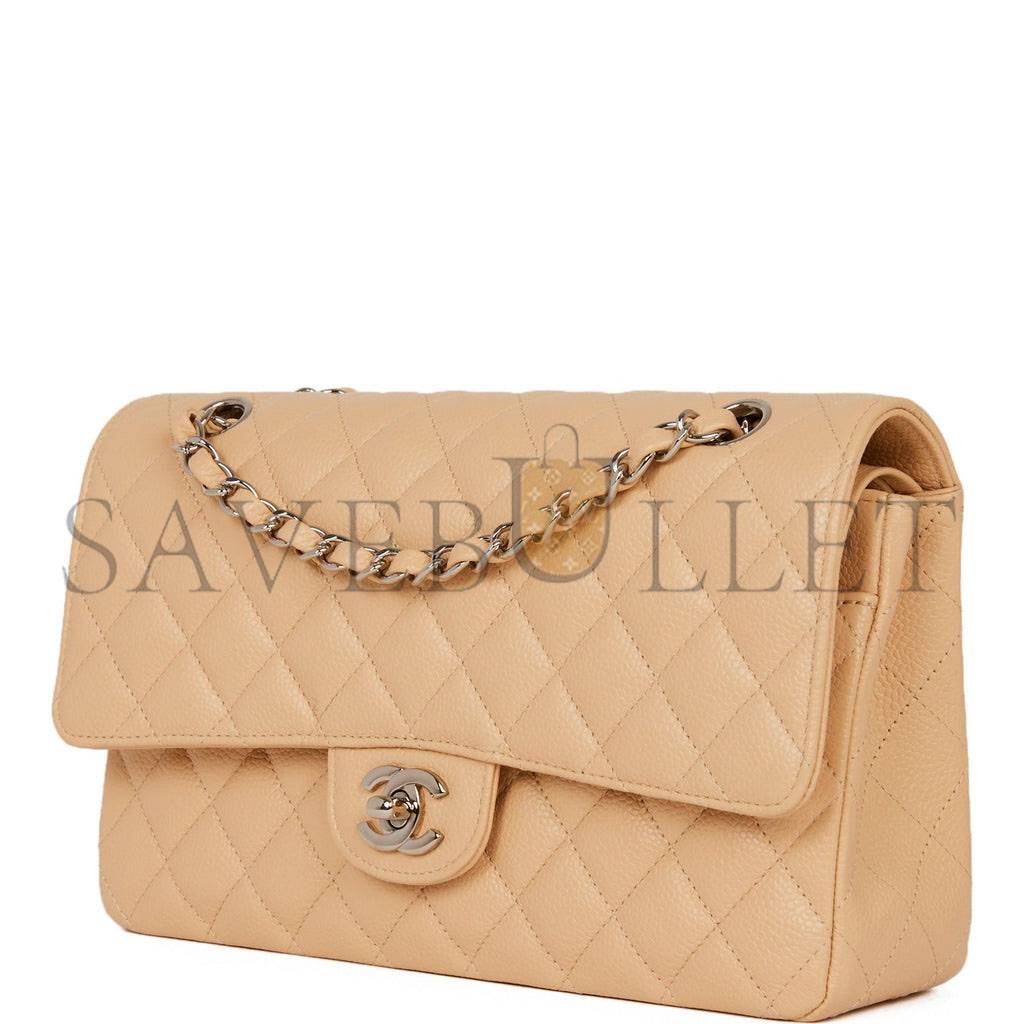 CHANEL MEDIUM CLASSIC DOUBLE FLAP BAG BEIGE CAVIAR SILVER HARDWARE (25*15*7cm) CHANEL MEDIUM CLASSIC DOUBLE FLAP BAG BEIGE CAVIAR SILVER HARDWARE (25*15*7cm)