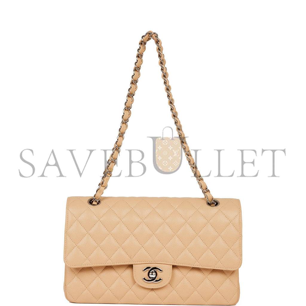 CHANEL MEDIUM CLASSIC DOUBLE FLAP BAG BEIGE CAVIAR SILVER HARDWARE (25*15*7cm) CHANEL MEDIUM CLASSIC DOUBLE FLAP BAG BEIGE CAVIAR SILVER HARDWARE (25*15*7cm)