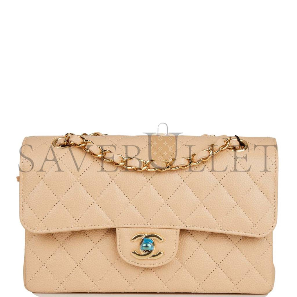 CHANEL SMALL CLASSIC DOUBLE FLAP BAG BEIGE CAVIAR GOLD HARDWARE (23*13*6cm) CHANEL SMALL CLASSIC DOUBLE FLAP BAG BEIGE CAVIAR GOLD HARDWARE (23*13*6cm)