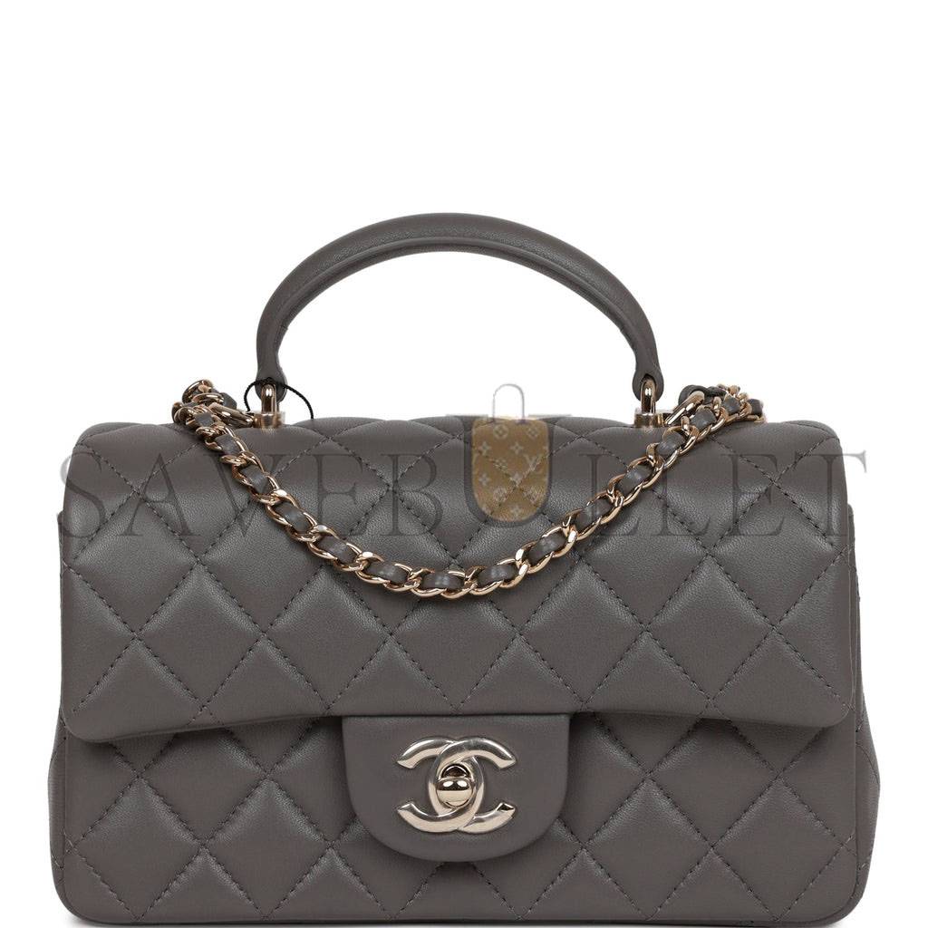 CHANEL MINI RECTANGULAR FLAP BAG WITH TOP HANDLE DARK GREY LAMBSKIN LIGHT GOLD HARDWARE (22*15*8cm) CHANEL MINI RECTANGULAR FLAP BAG WITH TOP HANDLE DARK GREY LAMBSKIN LIGHT GOLD HARDWARE (22*15*8cm)