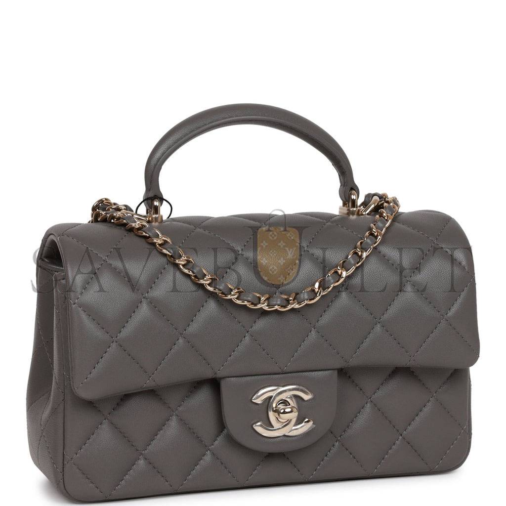 CHANEL MINI RECTANGULAR FLAP BAG WITH TOP HANDLE DARK GREY LAMBSKIN LIGHT GOLD HARDWARE (22*15*8cm) CHANEL MINI RECTANGULAR FLAP BAG WITH TOP HANDLE DARK GREY LAMBSKIN LIGHT GOLD HARDWARE (22*15*8cm)