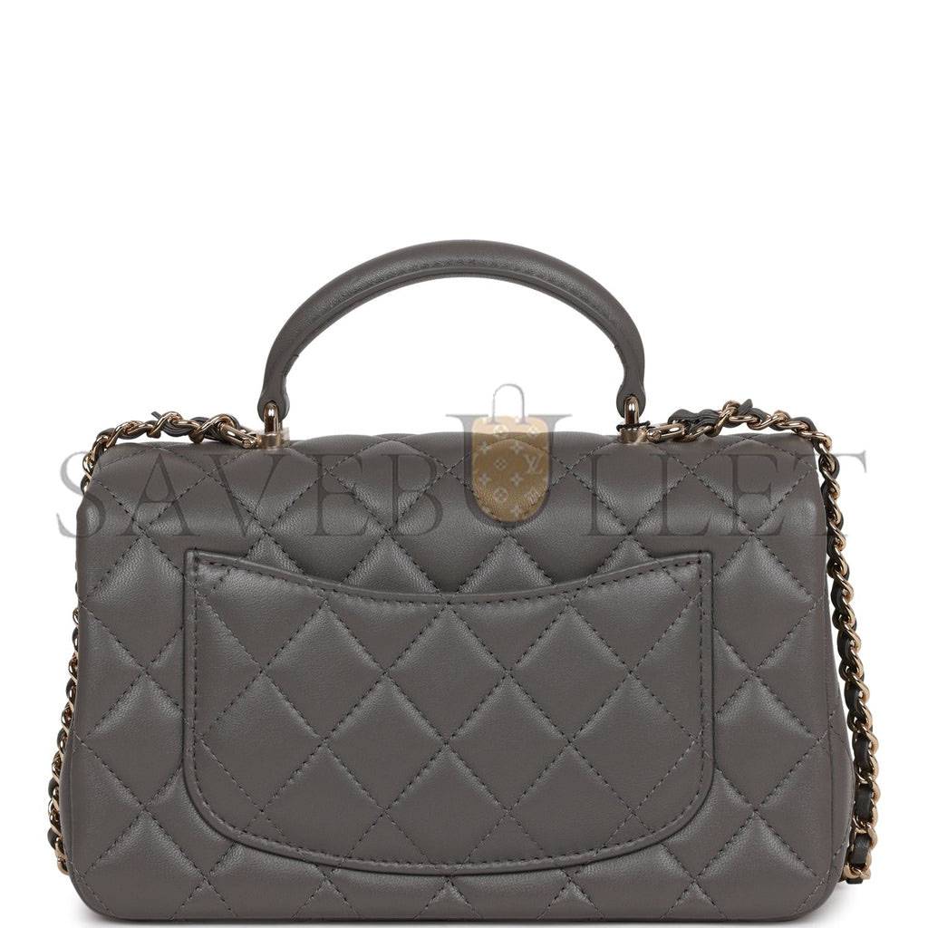 CHANEL MINI RECTANGULAR FLAP BAG WITH TOP HANDLE DARK GREY LAMBSKIN LIGHT GOLD HARDWARE (22*15*8cm) CHANEL MINI RECTANGULAR FLAP BAG WITH TOP HANDLE DARK GREY LAMBSKIN LIGHT GOLD HARDWARE (22*15*8cm)