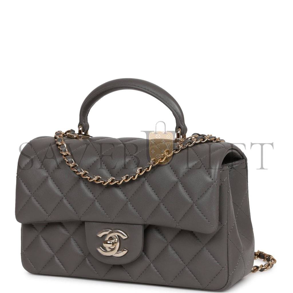 CHANEL MINI RECTANGULAR FLAP BAG WITH TOP HANDLE DARK GREY LAMBSKIN LIGHT GOLD HARDWARE (22*15*8cm) CHANEL MINI RECTANGULAR FLAP BAG WITH TOP HANDLE DARK GREY LAMBSKIN LIGHT GOLD HARDWARE (22*15*8cm)